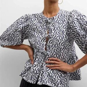 Ganni Printed Self-Tie Peplum Blouse